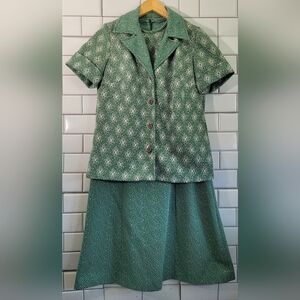 Ladies Vintage 2 Piece Dress Set Sleeveless Midi Dress A-Line Short Sleeve Butto